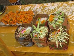 The ubiquituos offering bowl.  Women, mostly, put these out before every meal, at the driveway, in front of businesses, on temples, on the street,....everywhere.  Always has these kinds of ingredients plus incense burning. (As with all these photos, click on them to make them bigger)